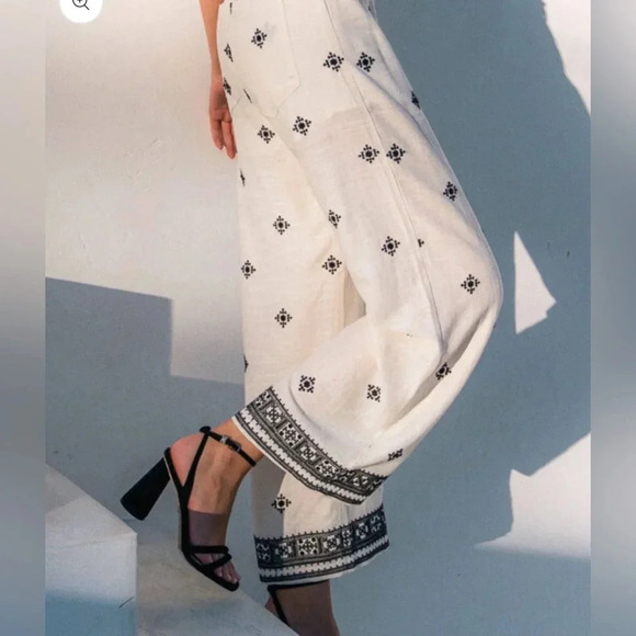 Fore Linen Straight Leg Embroidered Print Pants Resortwear boho tropical summer - Picture 13 of 13